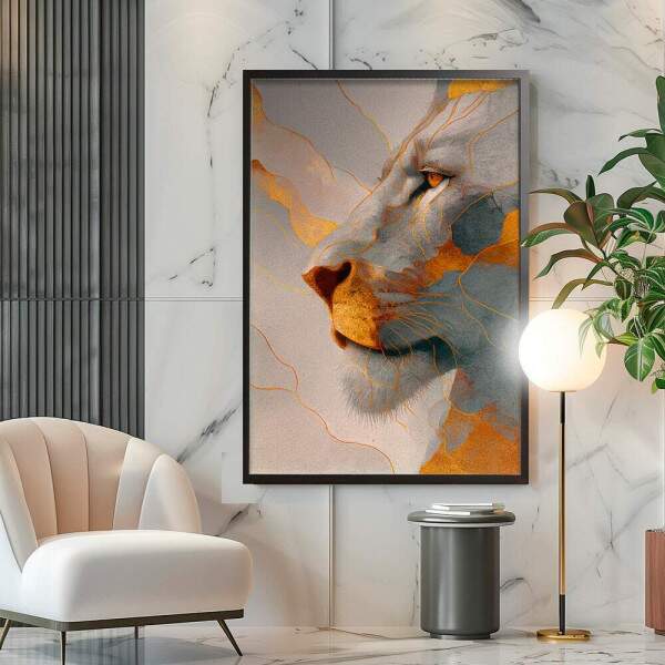 Quadro Decorativo Leo Perfil Branco e Dourado