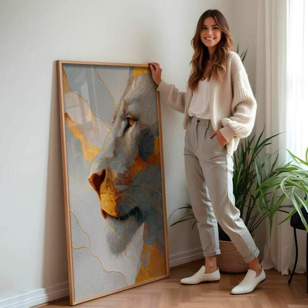 Quadro Decorativo Leo Perfil Branco e Dourado