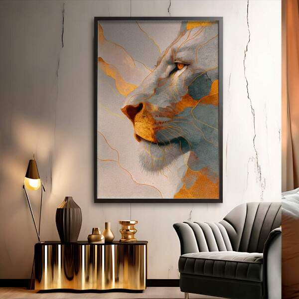 Quadro Decorativo Leo Perfil Branco e Dourado
