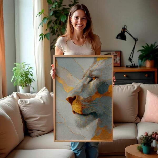 Quadro Decorativo Leo Perfil Branco e Dourado