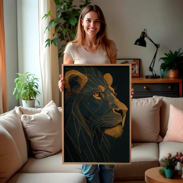 Quadro Decorativo Leo Preto e Dourado