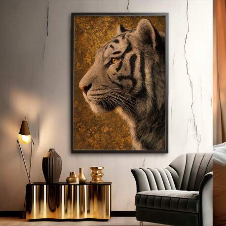 Quadro Decorativo Tigre Branco De Lado Fundo Dourado 