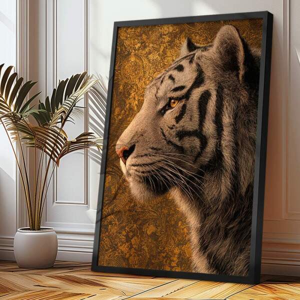 Quadro Decorativo Tigre Branco De Lado Fundo Dourado