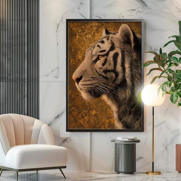 Quadro Decorativo Tigre Branco De Lado Fundo Dourado