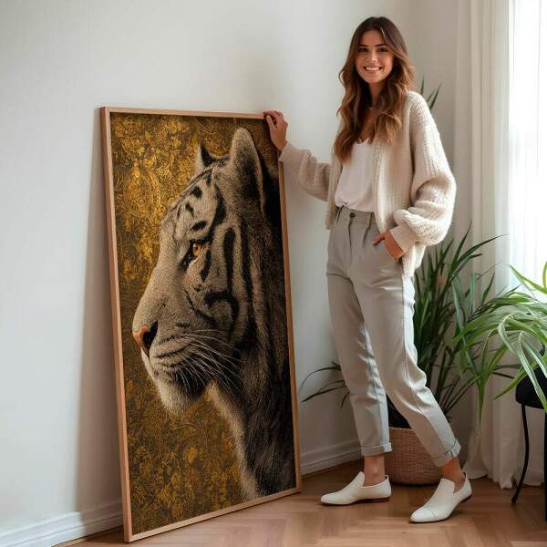 Quadro Decorativo Tigre Branco De Lado Fundo Dourado
