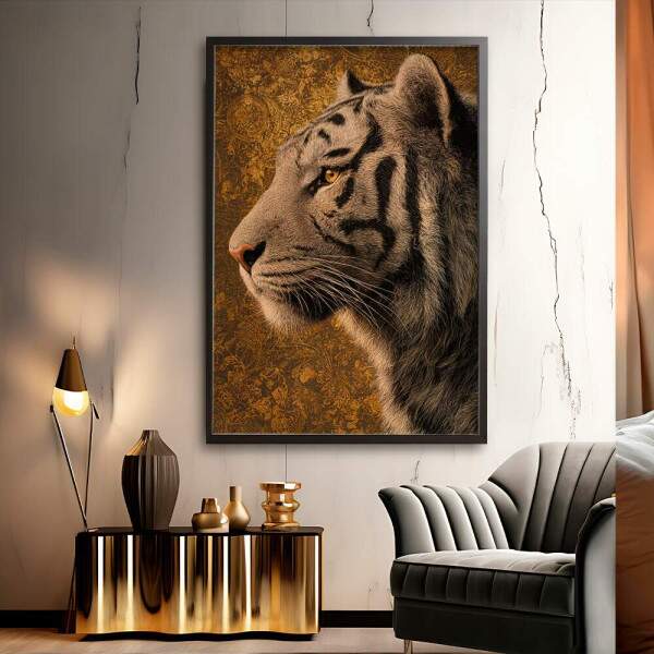 Quadro Decorativo Tigre Branco De Lado Fundo Dourado