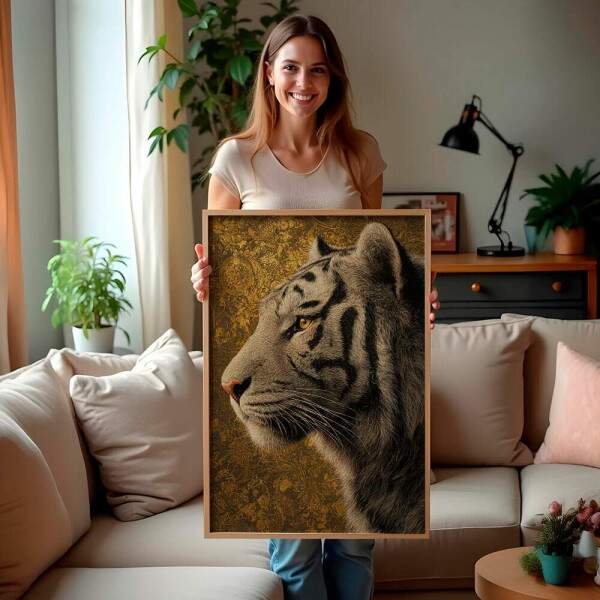 Quadro Decorativo Tigre Branco De Lado Fundo Dourado