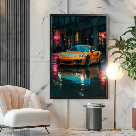 Quadro Decorativo Carro Porsche Amarela Em Dia Chuvoso Na Cidade