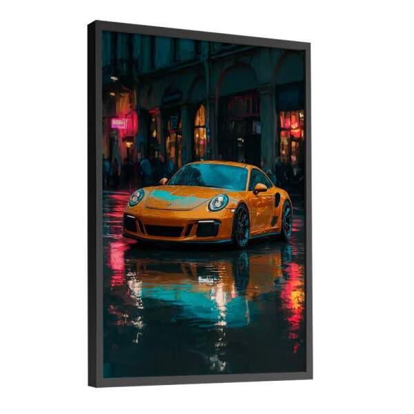 Quadro Decorativo Carro Porsche Amarela Em Dia Chuvoso Na Cidade