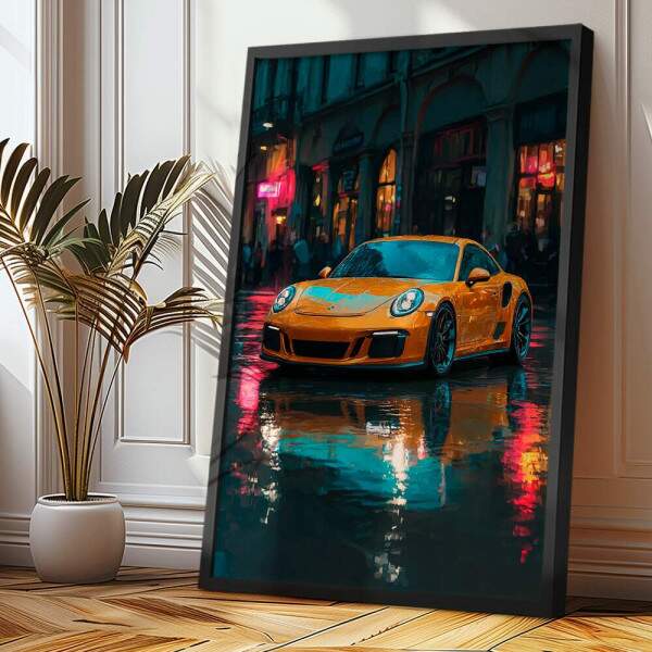 Quadro Decorativo Carro Porsche Amarela Em Dia Chuvoso Na Cidade