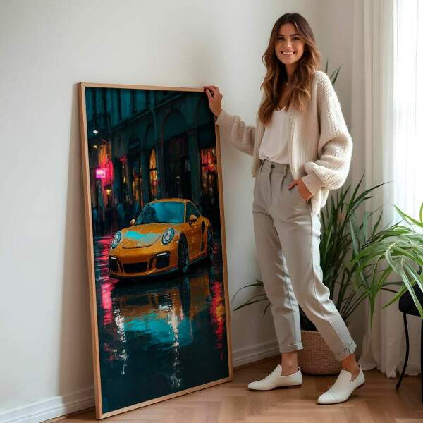 Quadro Decorativo Carro Porsche Amarela Em Dia Chuvoso Na Cidade