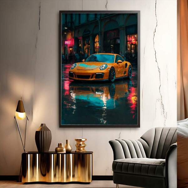Quadro Decorativo Carro Porsche Amarela Em Dia Chuvoso Na Cidade