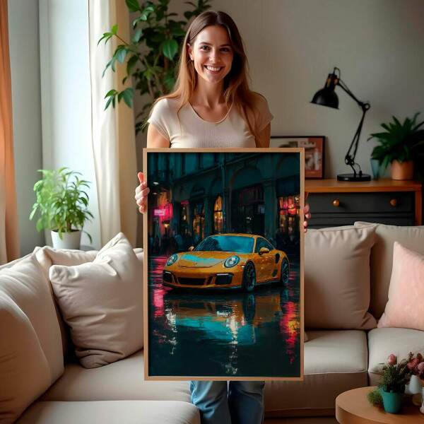 Quadro Decorativo Carro Porsche Amarela Em Dia Chuvoso Na Cidade