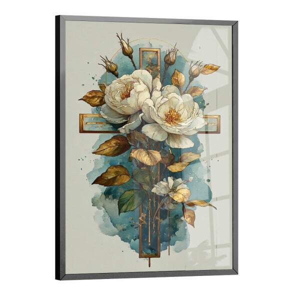 Quadro Decorativo Abstrato Sinal Da Cruz e Flores Brancas