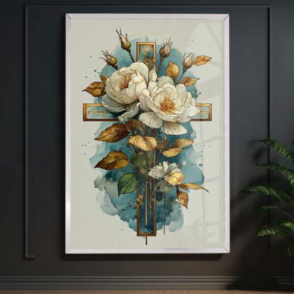 Quadro Decorativo Abstrato Sinal Da Cruz e Flores Brancas