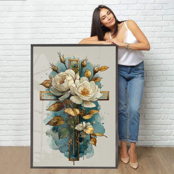 Quadro Decorativo Abstrato Sinal Da Cruz e Flores Brancas