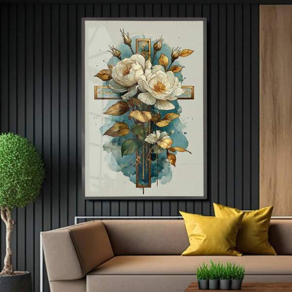 Quadro Decorativo Abstrato Sinal Da Cruz e Flores Brancas