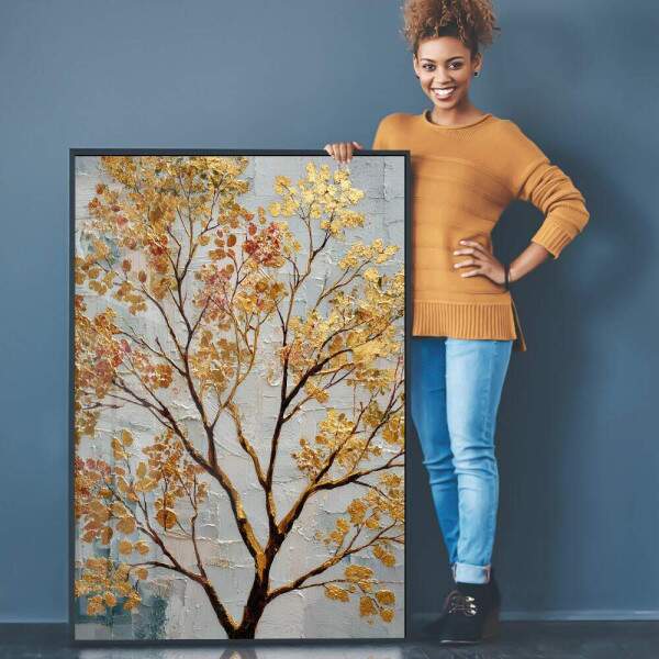 Quadro Decorativo rvore Dourada Pintura Minimalista