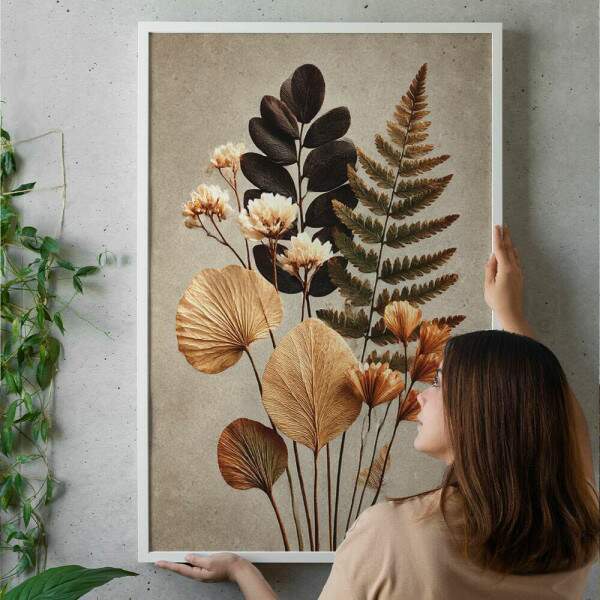 Quadro Decorativo Conjunto De Folhas e Flores Minimalista