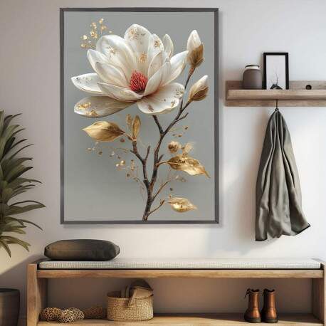 Quadro Decorativo Flor Branca Folhas Douradas 