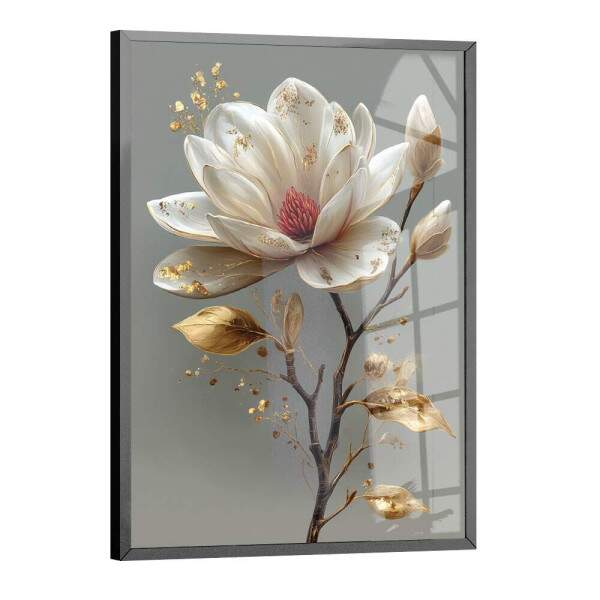 Quadro Decorativo Flor Branca Folhas Douradas