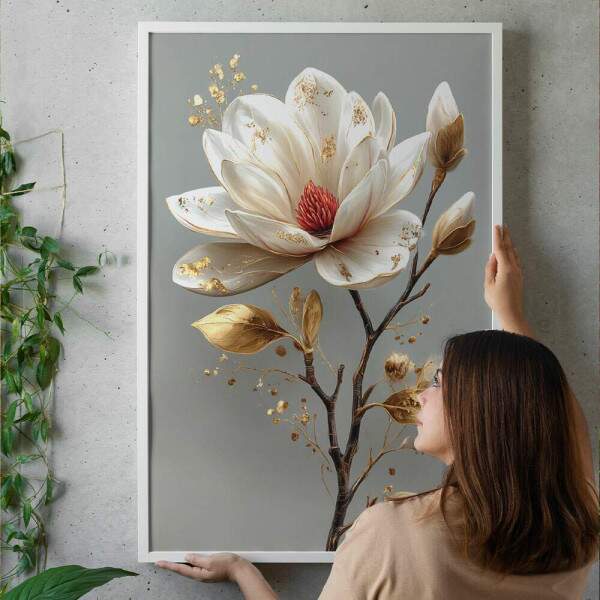 Quadro Decorativo Flor Branca Folhas Douradas