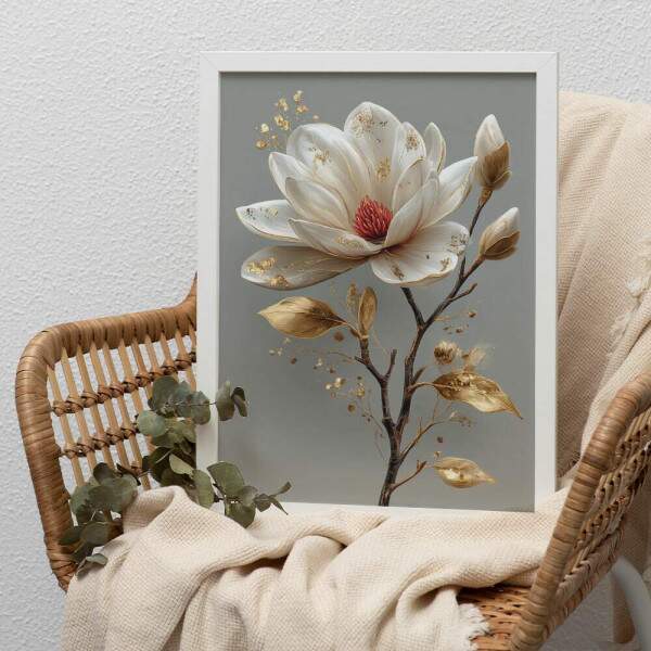 Quadro Decorativo Flor Branca Folhas Douradas