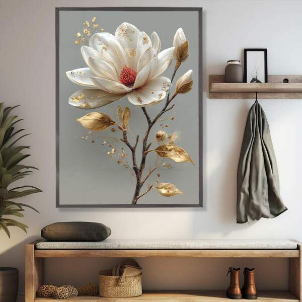 Quadro Decorativo Flor Branca Folhas Douradas
