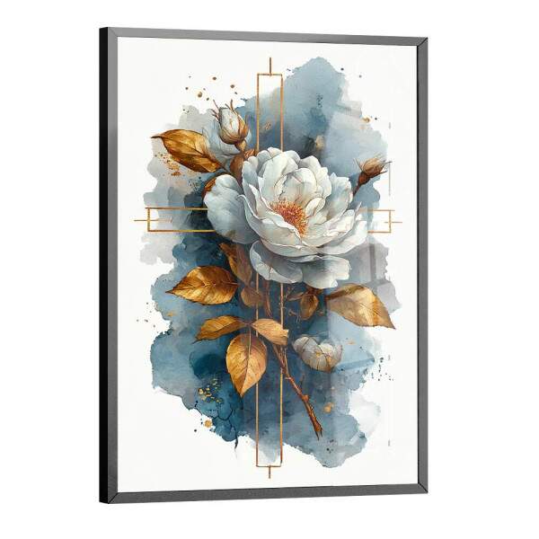 Quadro Decorativo Flor Branca Sinal Cruz Dourada