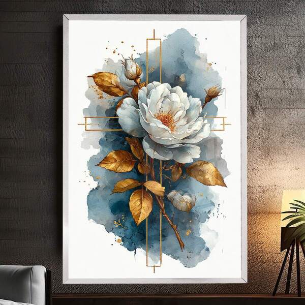 Quadro Decorativo Flor Branca Sinal Cruz Dourada