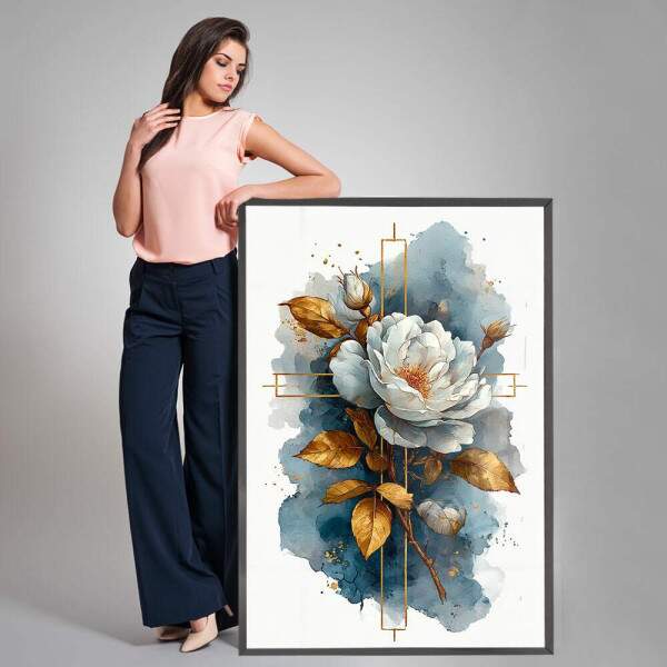 Quadro Decorativo Flor Branca Sinal Cruz Dourada