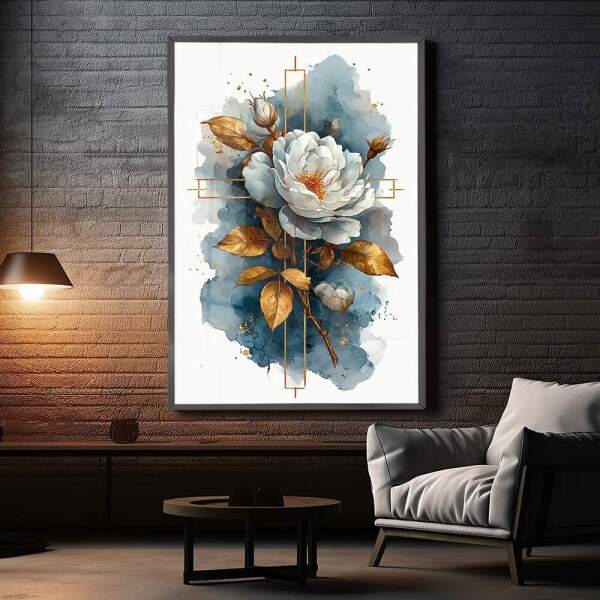 Quadro Decorativo Flor Branca Sinal Cruz Dourada