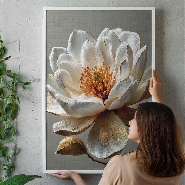 Quadro Decorativo Flor Ltus Branca Abstrato Minimalista