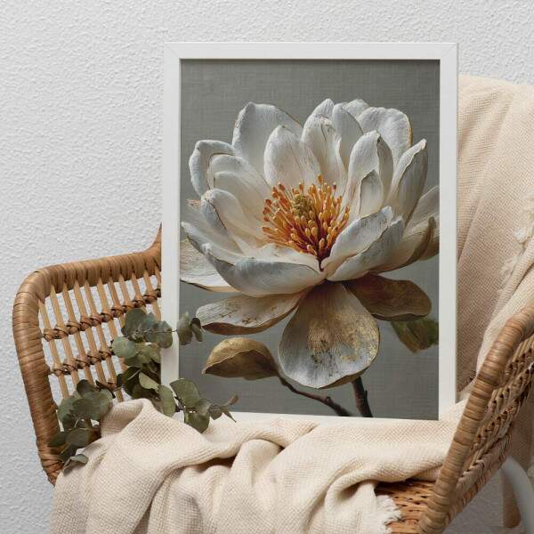 Quadro Decorativo Flor Ltus Branca Abstrato Minimalista