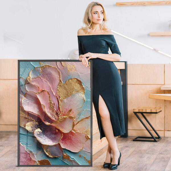 Quadro Decorativo Flor Rosa Estilo Mrmore Abstrato
