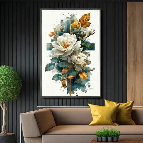 Quadro Decorativo Flores e Folhas Cruz Em Mrmore Verde Abstrato