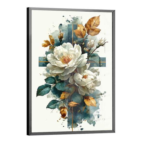 Quadro Decorativo Flores e Folhas Cruz Em Mrmore Verde Abstrato