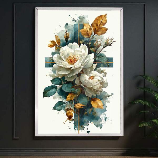 Quadro Decorativo Flores e Folhas Cruz Em Mrmore Verde Abstrato