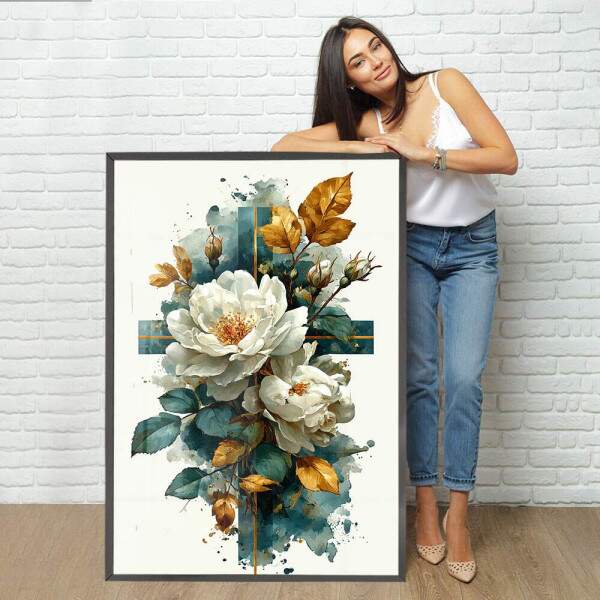 Quadro Decorativo Flores e Folhas Cruz Em Mrmore Verde Abstrato