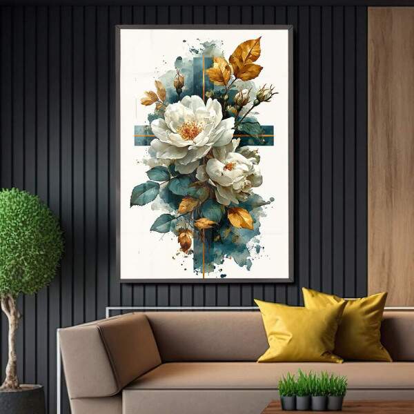 Quadro Decorativo Flores e Folhas Cruz Em Mrmore Verde Abstrato