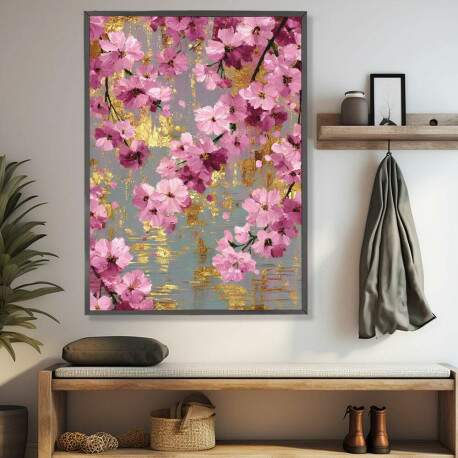 Quadro Decorativo Flores Rosa Pintura Tons De Dourado