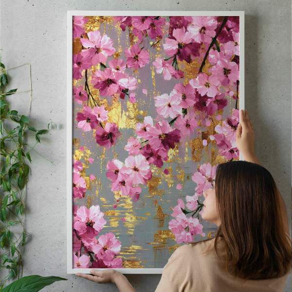 Quadro Decorativo Flores Rosa Pintura Tons De Dourado