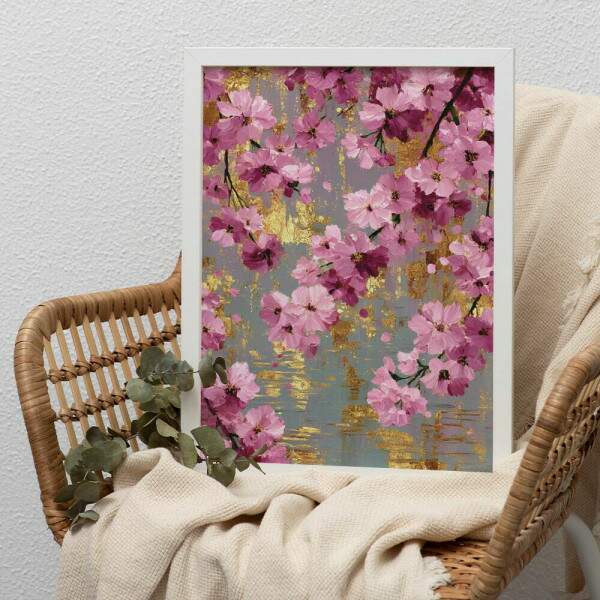Quadro Decorativo Flores Rosa Pintura Tons De Dourado