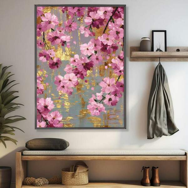 Quadro Decorativo Flores Rosa Pintura Tons De Dourado