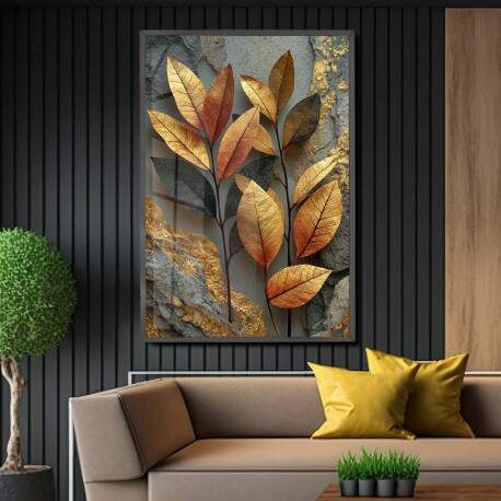 Quadro Decorativo Folhagem Abstrato Dourado 
