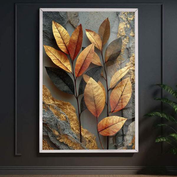Quadro Decorativo Folhagem Abstrato Dourado