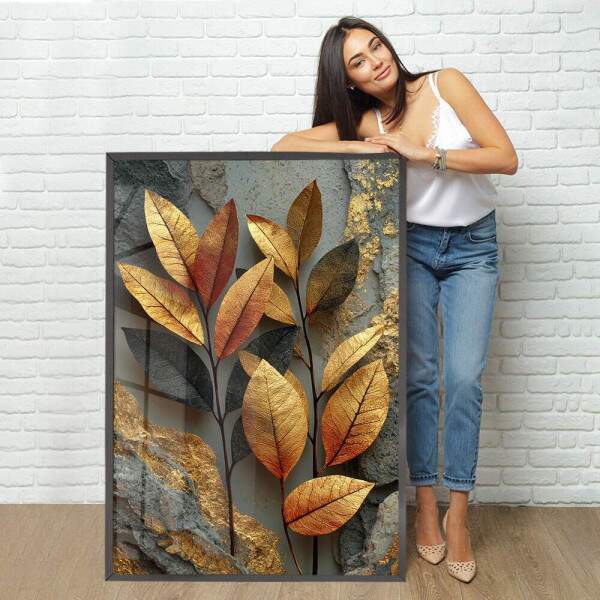 Quadro Decorativo Folhagem Abstrato Dourado