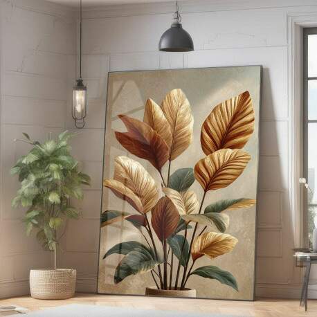Quadro Decorativo Folhagem Abstrato Dourado Minimalista