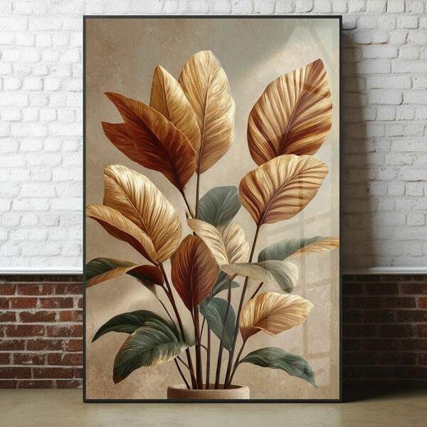 Quadro Decorativo Folhagem Abstrato Dourado Minimalista