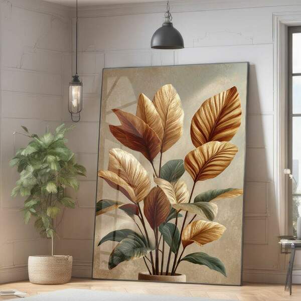 Quadro Decorativo Folhagem Abstrato Dourado Minimalista